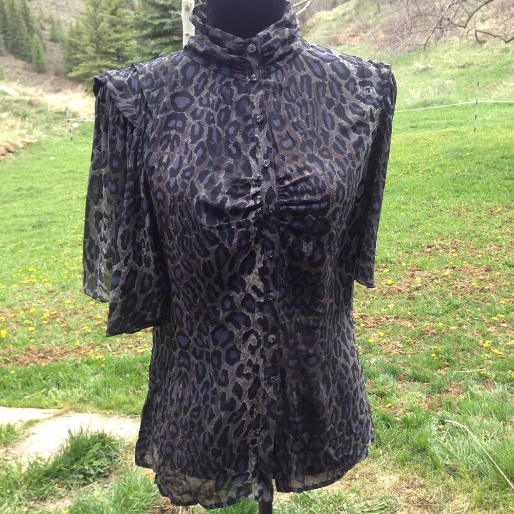 BCBG Max Azria Sheer Animal Print Button Up Blouse